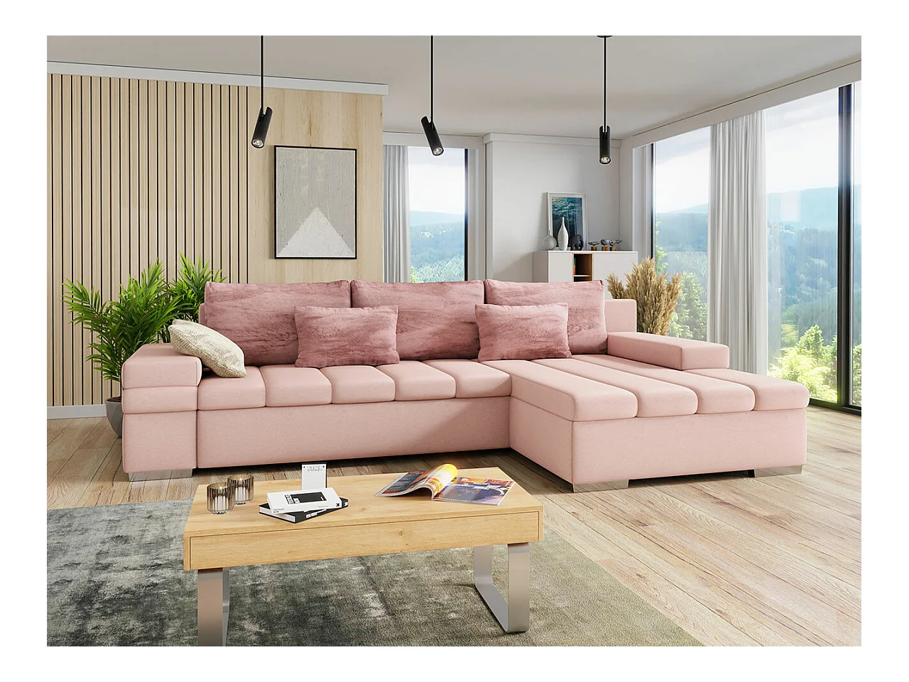Canapé d'angle Comfivo 169, Rose, Fonction de couchage, Boîte de literie, 310x175x83cm