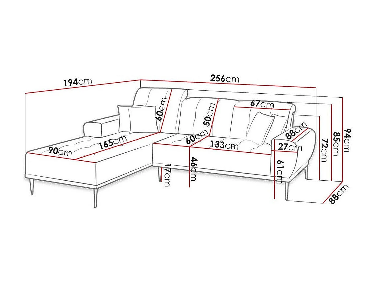 Canapé d'angle Providence 153, Gris, 256x194x85cm