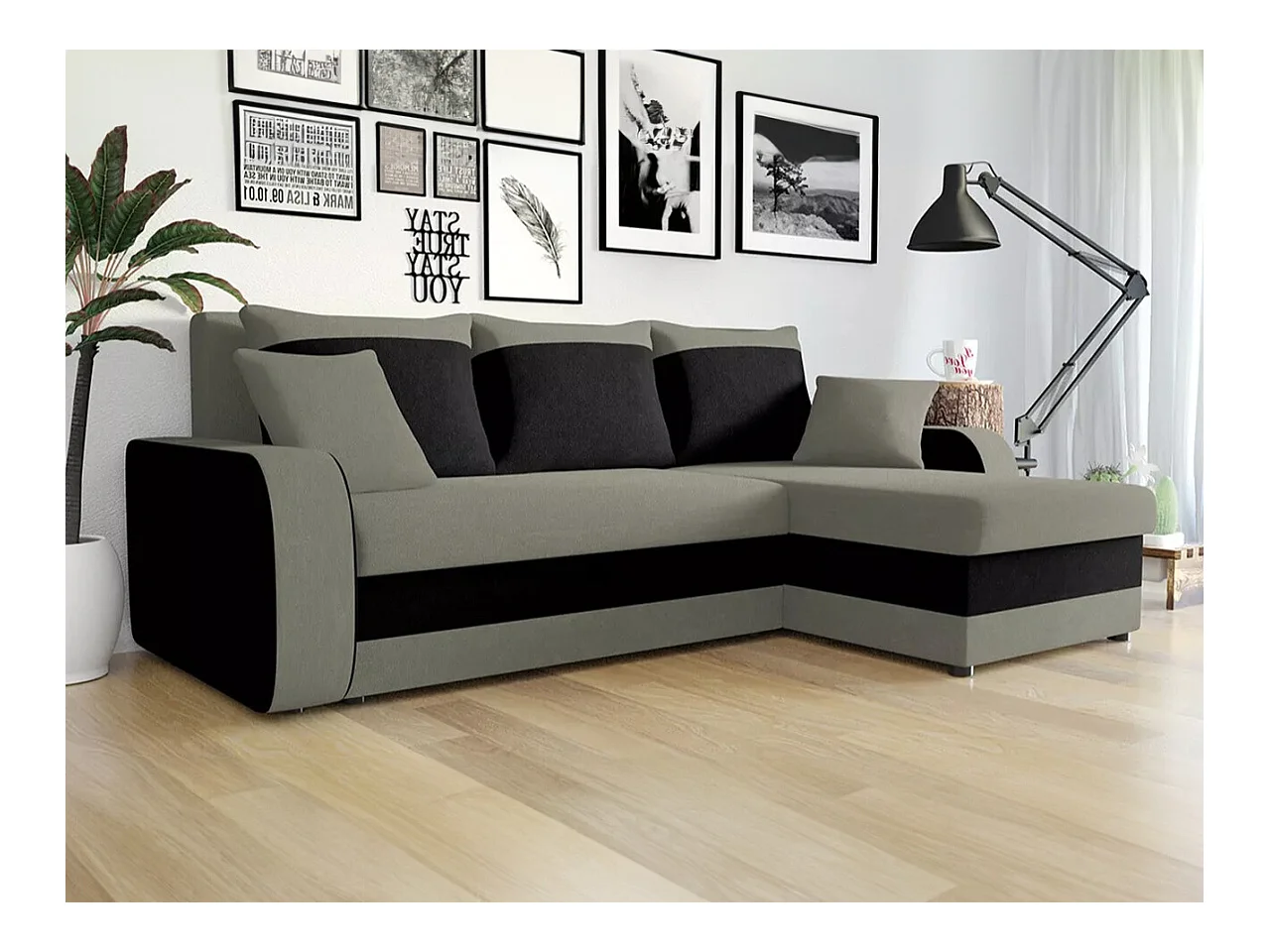 Canapé d'angle Comfivo 203, Gris, Fonction de couchage, Boîte de literie, 238x147x80cm