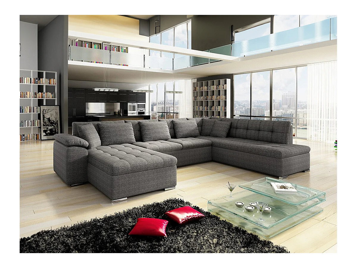 Canapé d'angle Comfivo 114, Gris, Fonction de couchage, Boîte de literie, 348x205x76cm