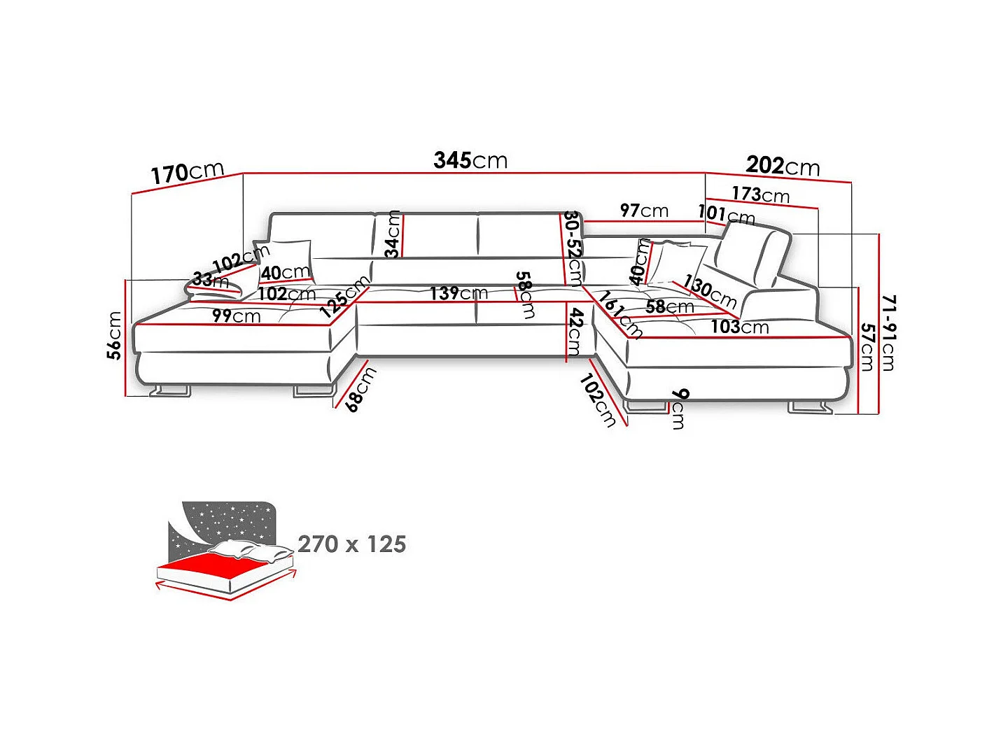 Sofá rinconero Comfivo 138, Azul, Función de descanso, Almacenaje, 345x202x71cm