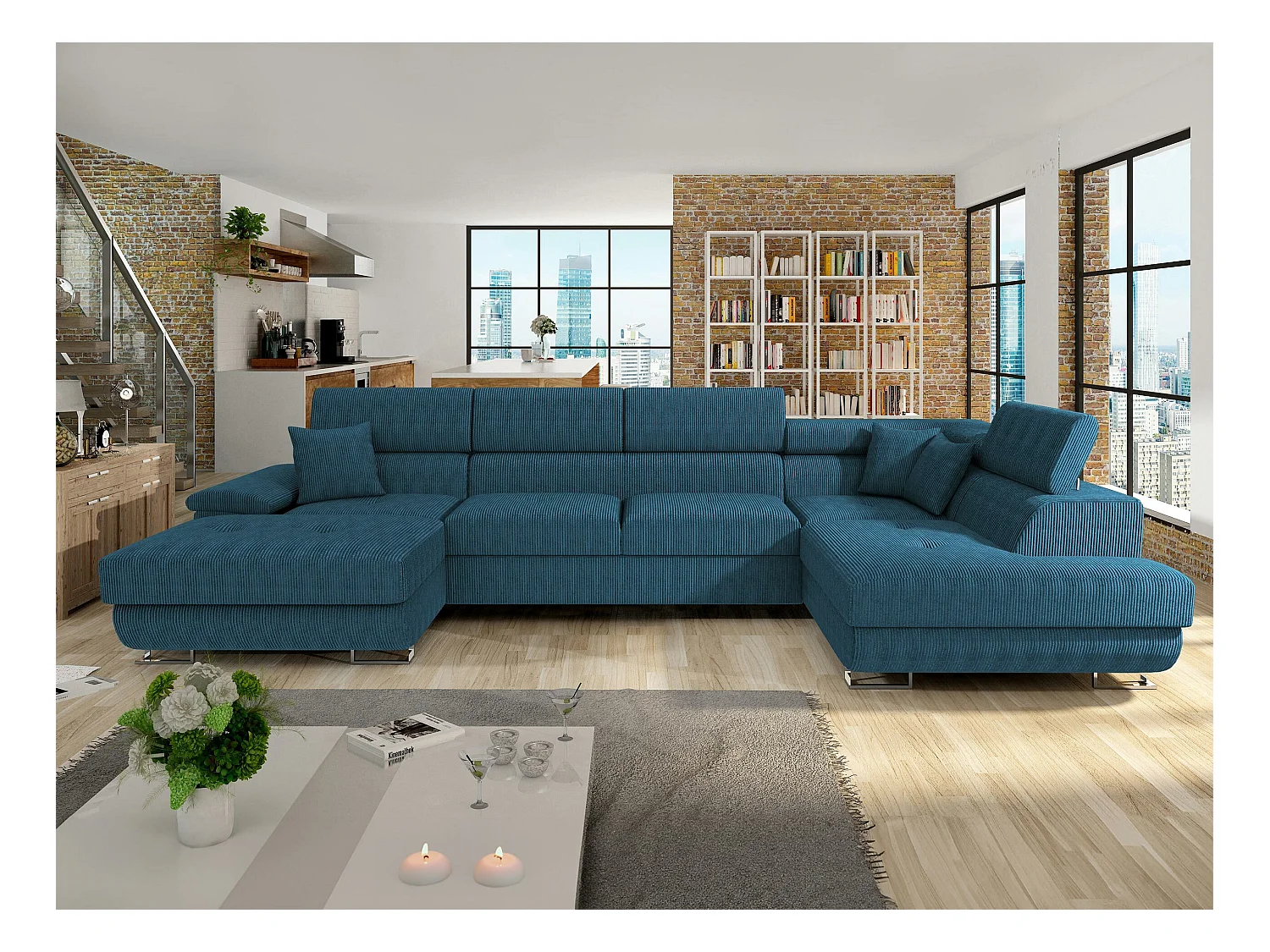 Canapé d'angle Comfivo 138, Bleu, Fonction de couchage, Boîte de literie, 345x202x71cm