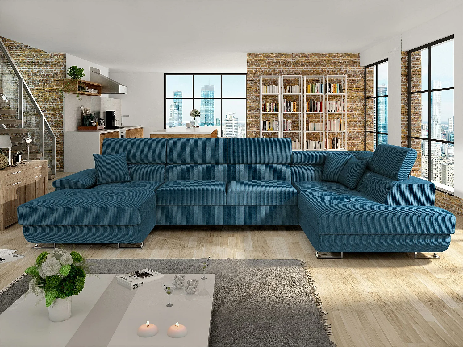 Sofá rinconero Comfivo Ruta, Azul, Función de descanso, Almacenaje, 345x202x71cm