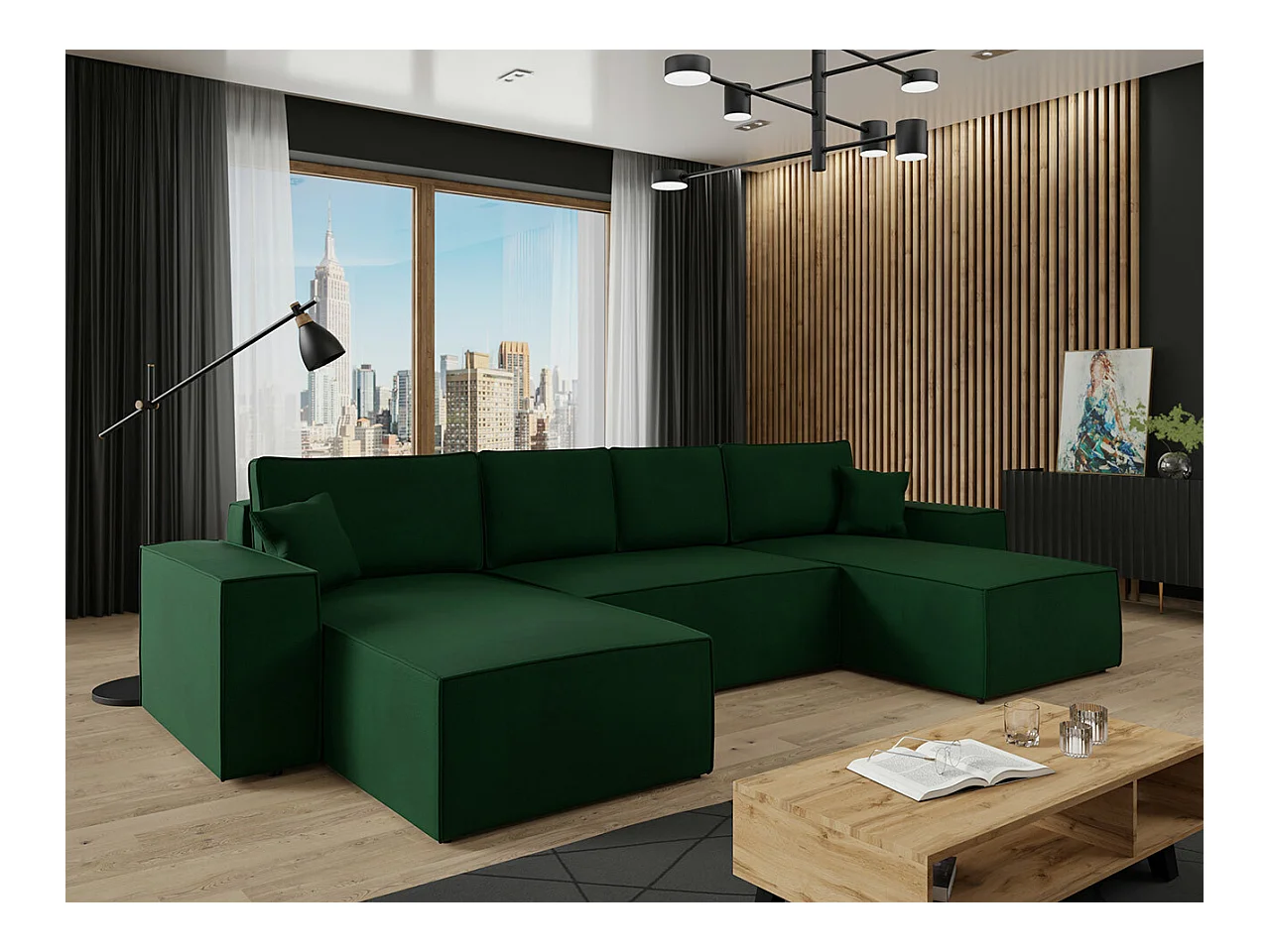 Canapé d'angle Clovis 109, Vert, Fonction de couchage, Boîte de literie, 370x174x94cm