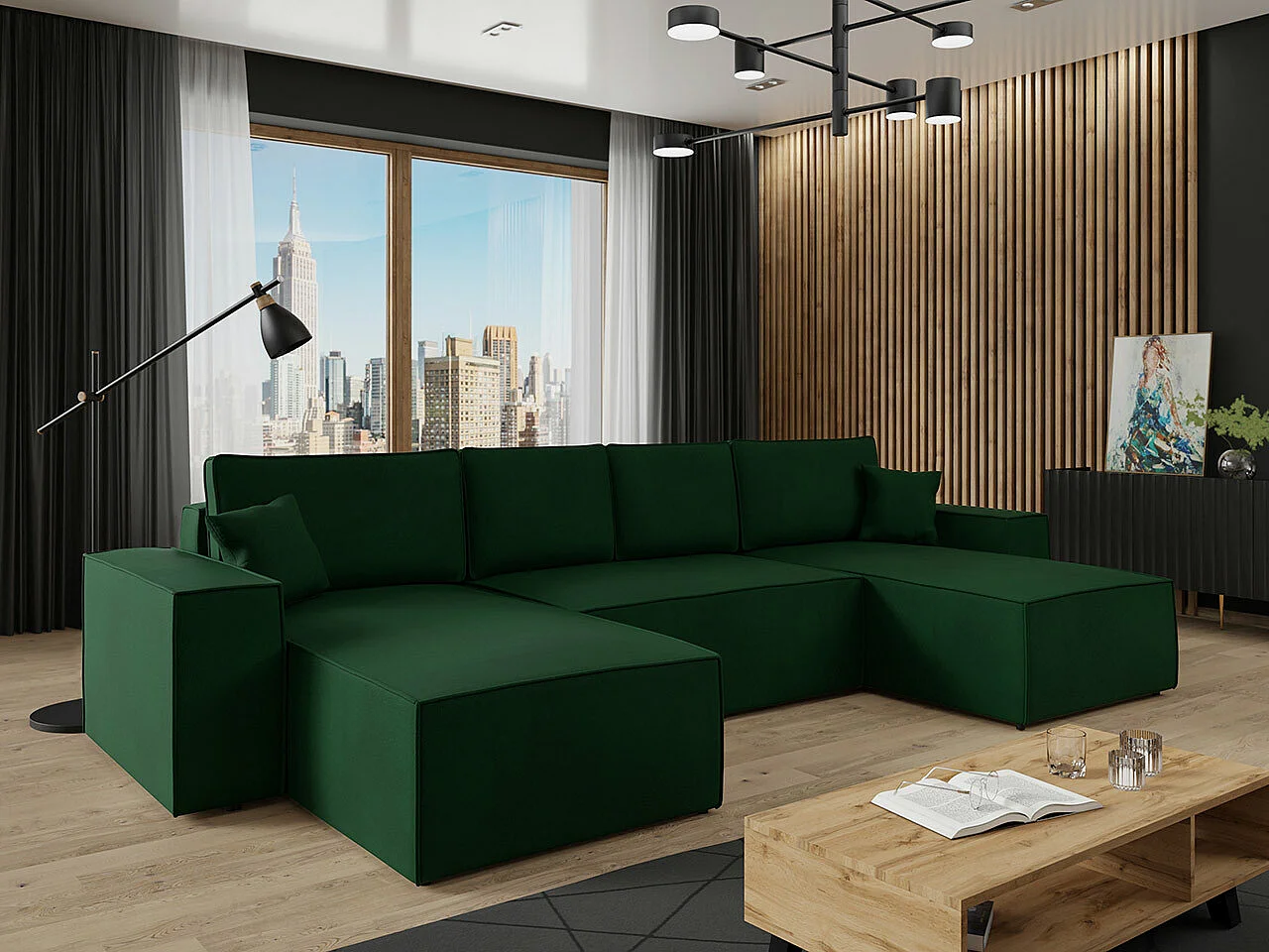 Sofá rinconero Clovis 109, Verde, Función de descanso, Almacenaje, 370x174x94cm