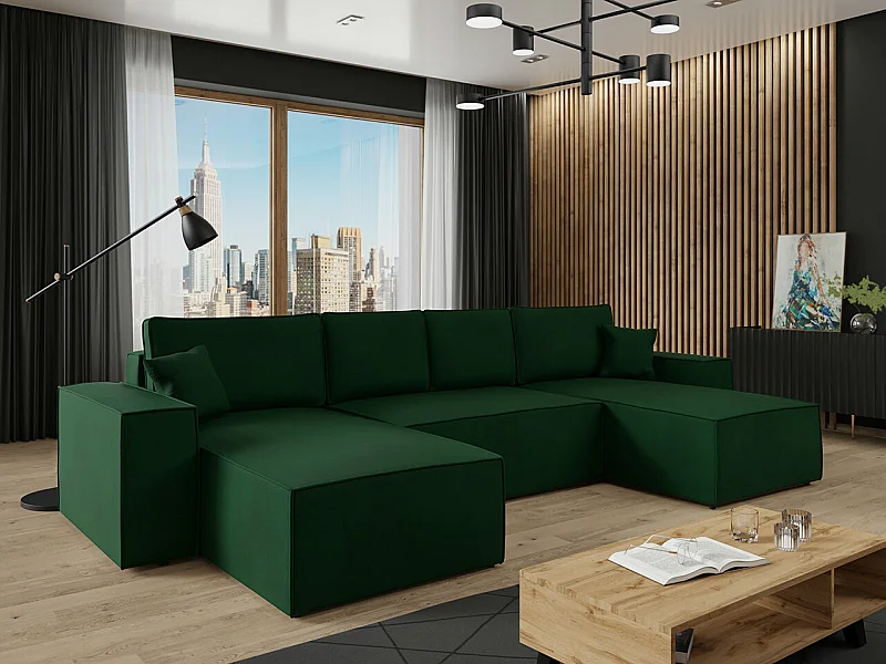 Sofá rinconero Clovis 109, Verde, Función de descanso, Almacenaje, 370x174x94cm