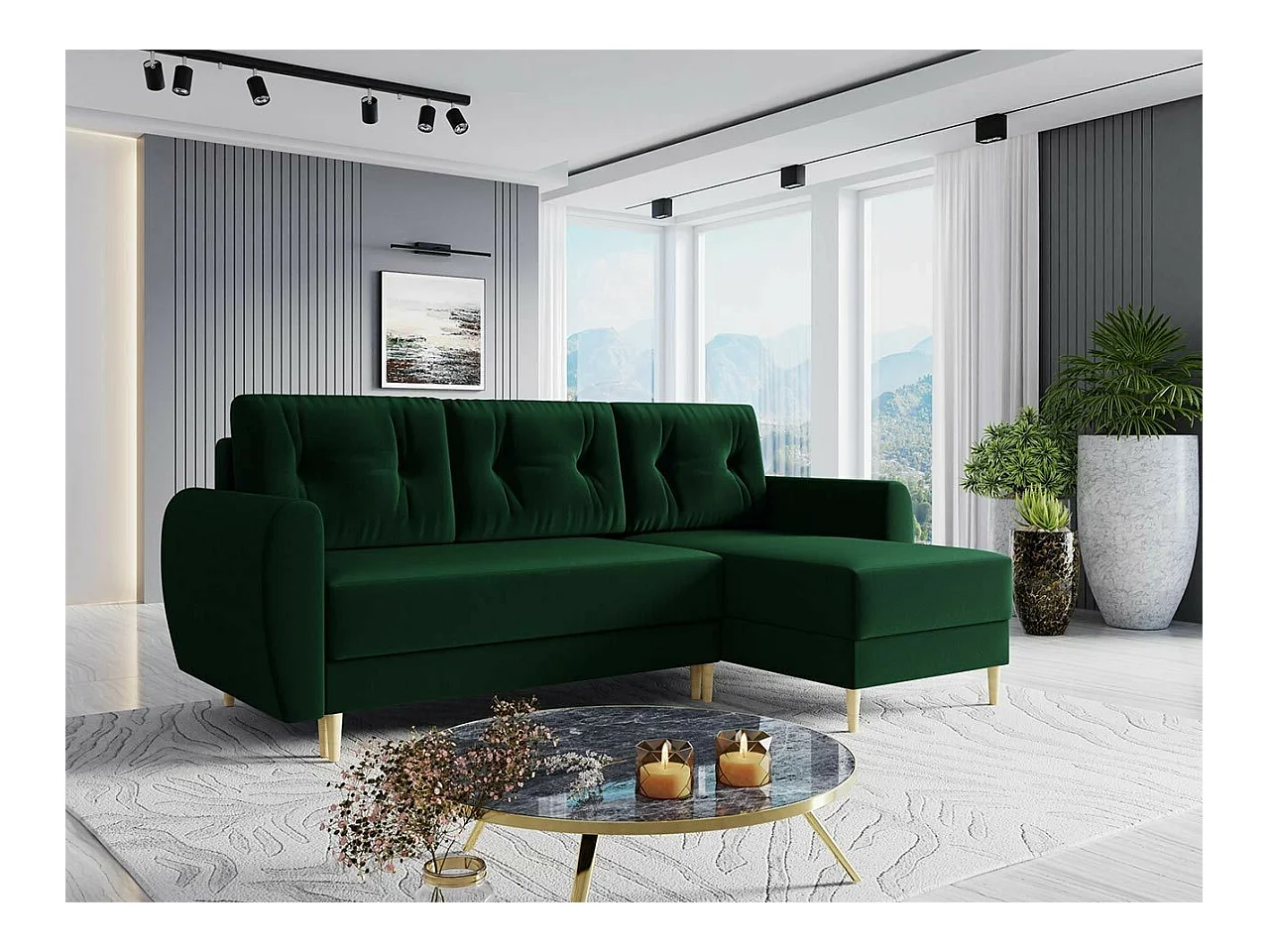 Canapé d'angle Memphis 109, Vert, Fonction de couchage, Boîte de literie, 234x139x95cm