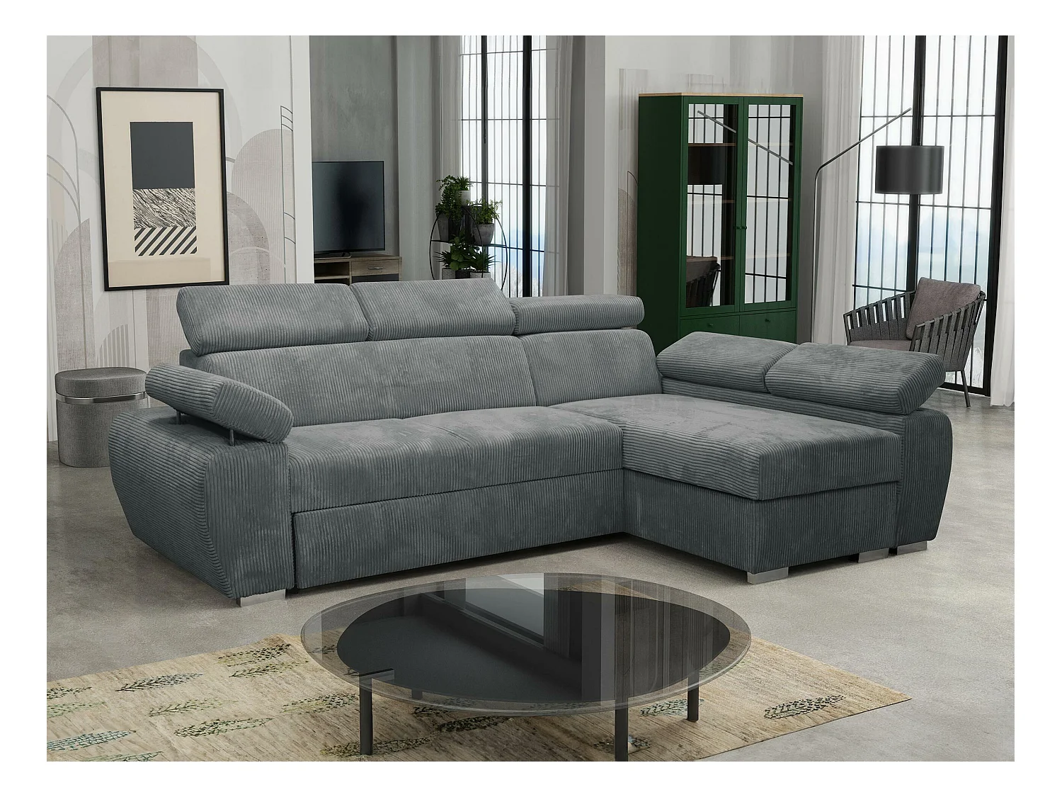 Canapé d'angle Columbus 192, Gris, Fonction de couchage, Boîte de literie, 255x170x85cm