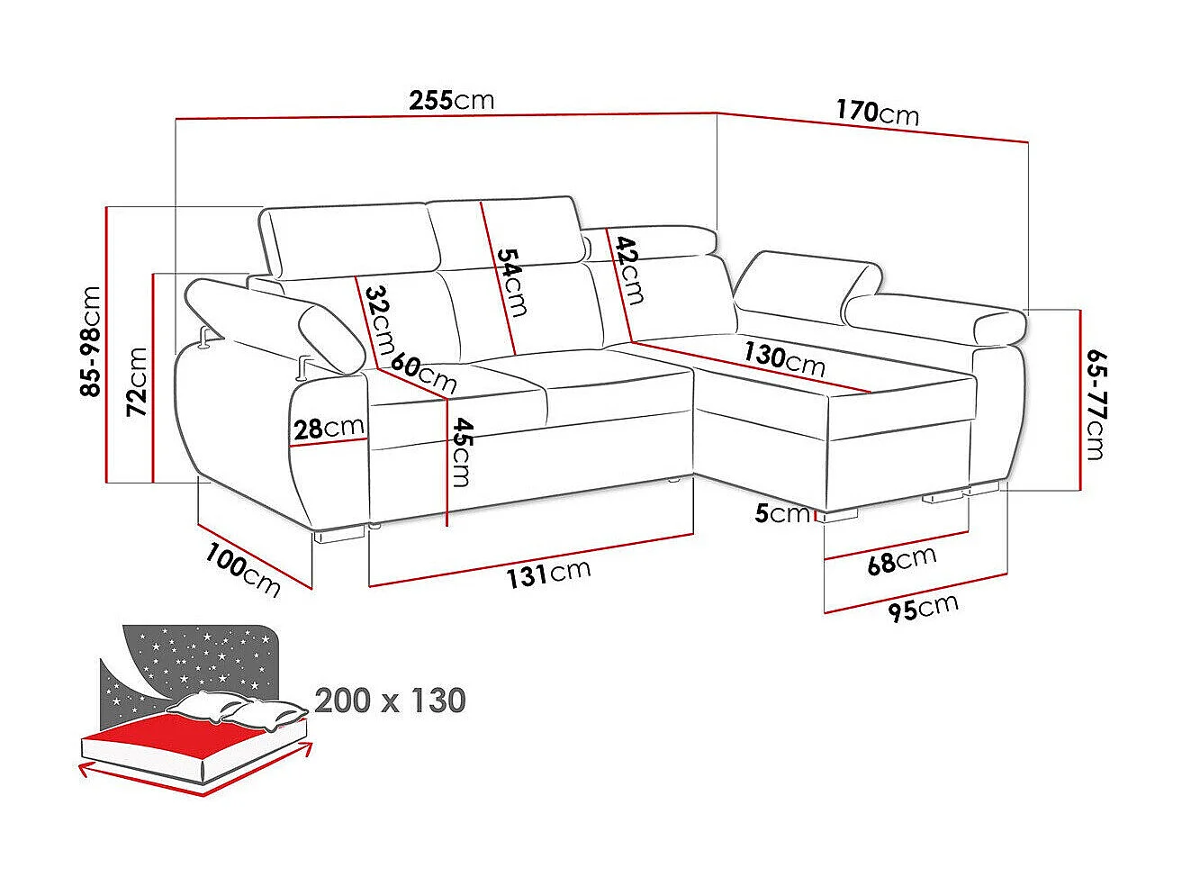 Canapé d'angle Columbus 192, Gris, Disponible, 255x170x85cm