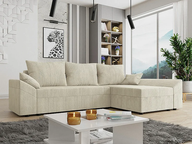 Canapé d'angle Memphis 104, Brun clair, Fonction de couchage, Boîte de literie, 240x140cm