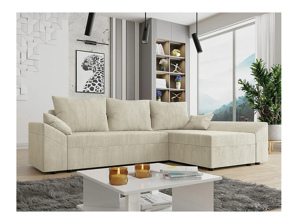 Canapé d'angle Memphis 104, Brun clair, Fonction de couchage, Boîte de literie, 240x140cm