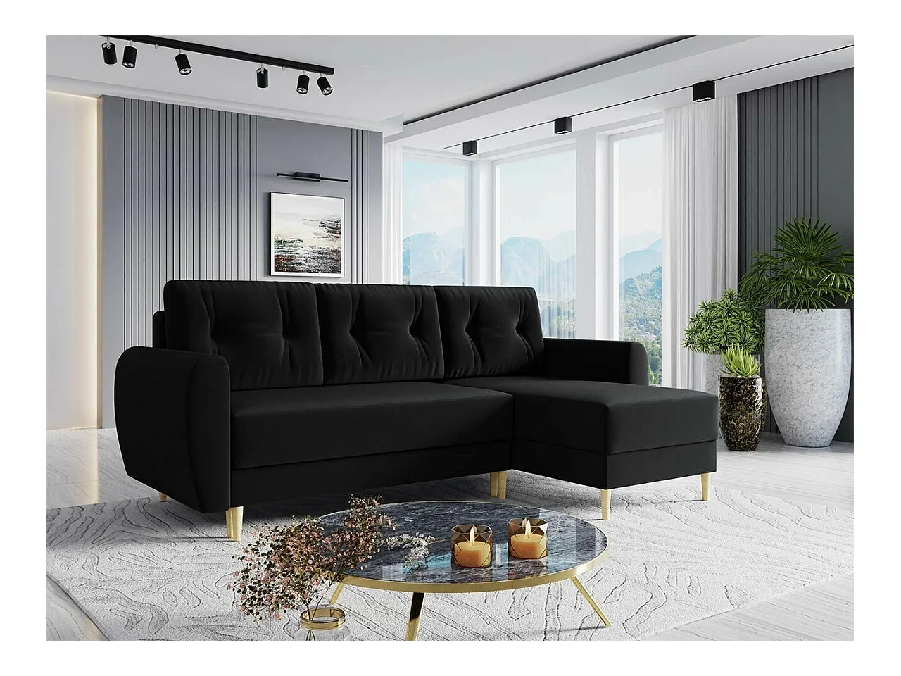 Canapé d'angle Memphis 109, Noir, Fonction de couchage, Boîte de literie, 234x139x95cm