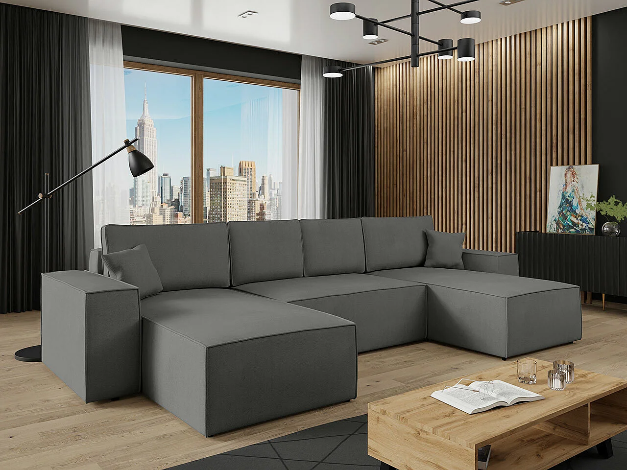 Canapé d'angle Clovis 109, Gris, Fonction de couchage, Boîte de literie, 370x174x94cm