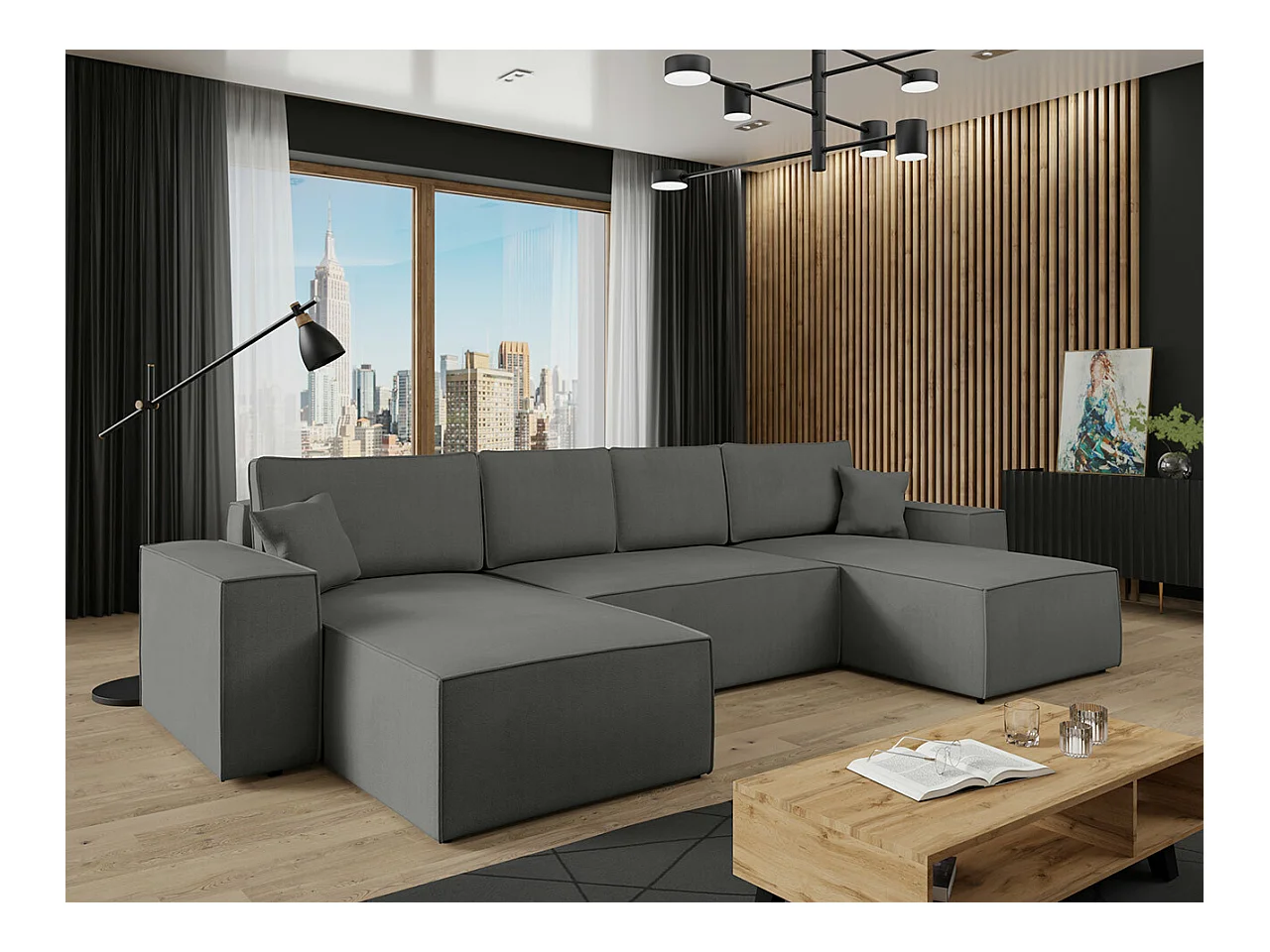 Canapé d'angle Clovis 109, Gris, Fonction de couchage, Boîte de literie, 370x174x94cm