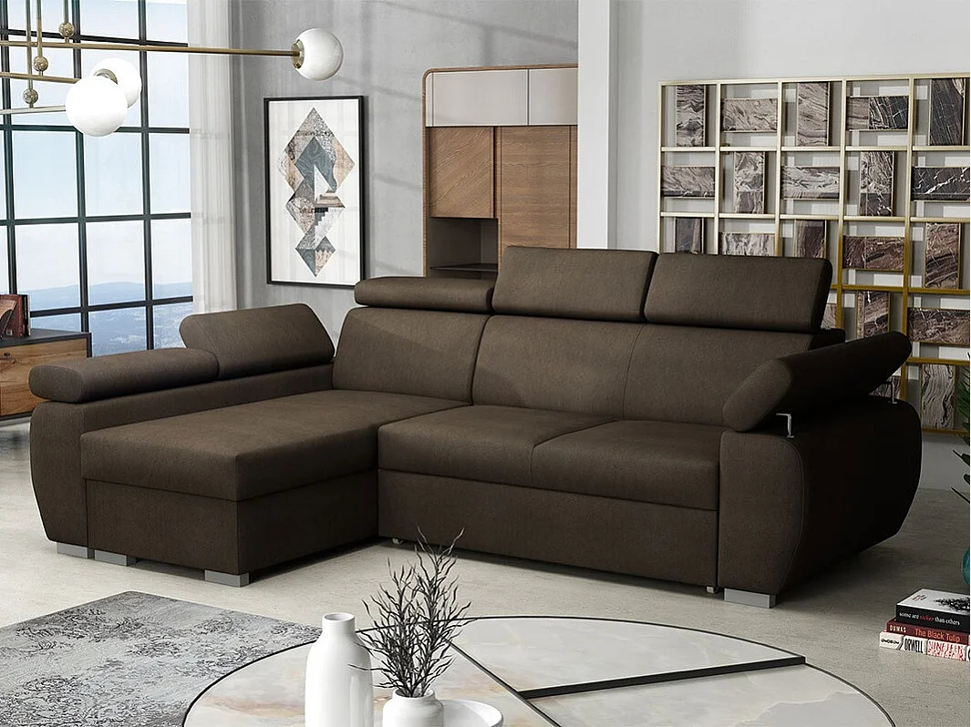 Sofá rinconero Columbus 132, Marrón, Función de descanso, Almacenaje, 255x170x85cm