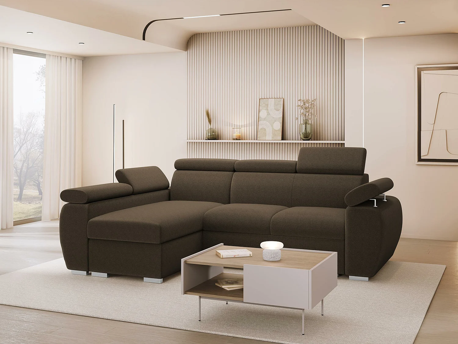 Canapé d'angle Columbus 132, Marron, Disponible, 255x170x85cm