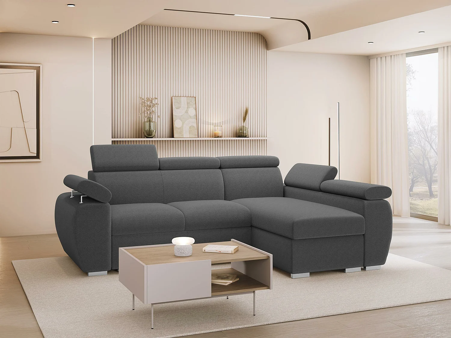 Canapé d'angle Columbus 132, Gris foncé, Disponible, 255x170x85cm