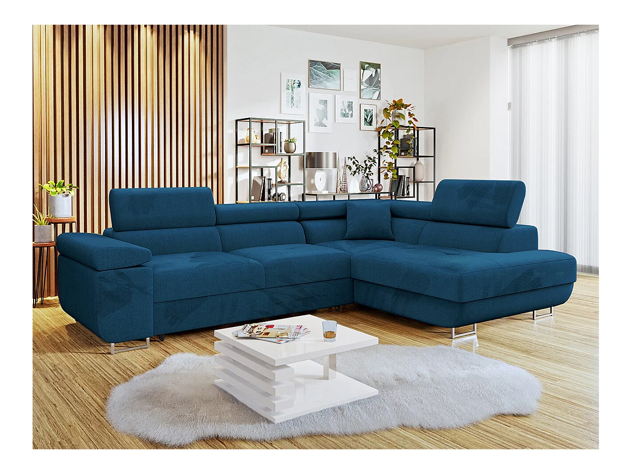 Canapé d'angle Comfivo Eliferu 100, Bleu, Fonction de couchage, Boîte de literie, 274cm
