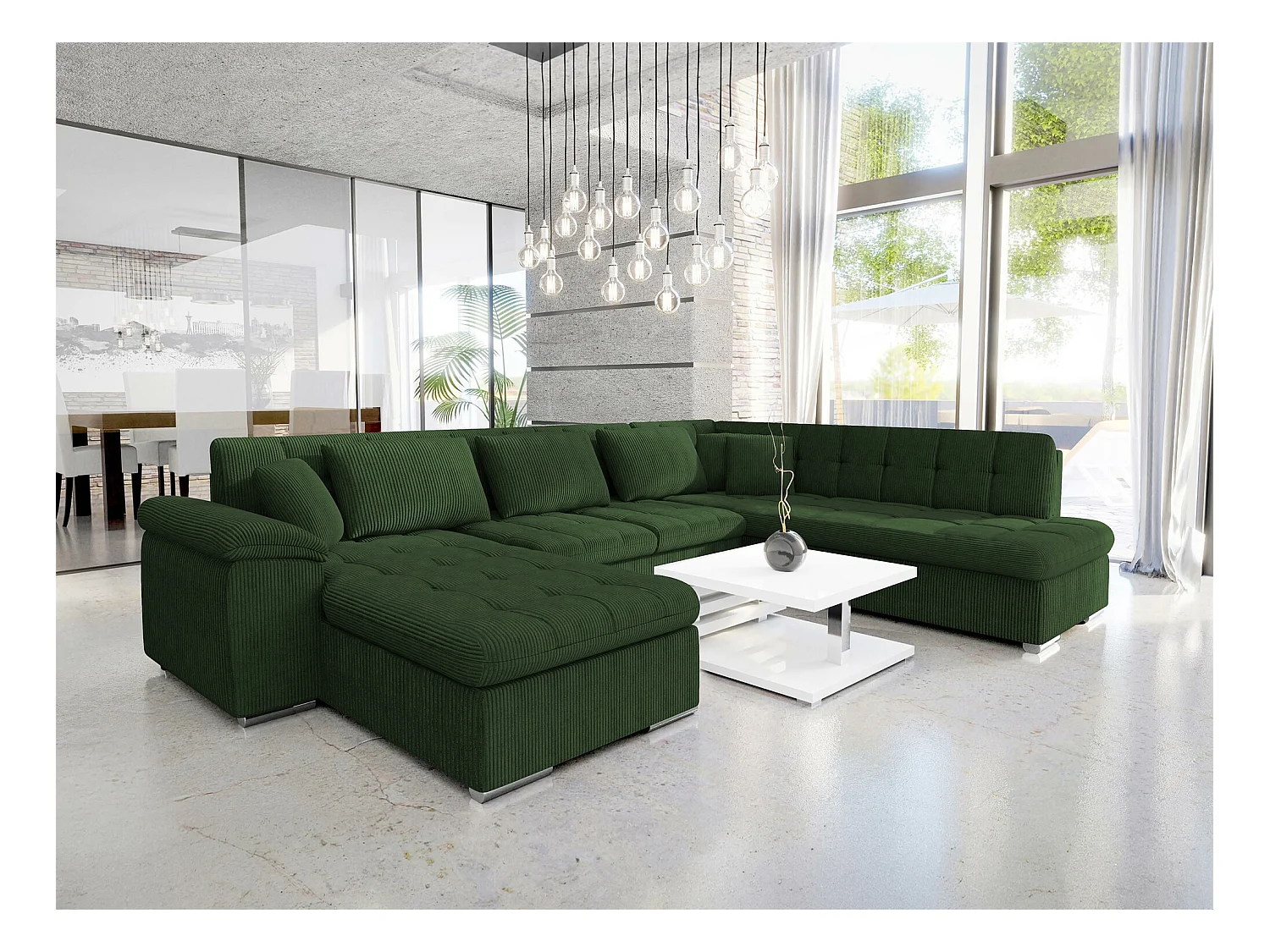 Sofá rinconero Comfivo 114, Verde, Función de descanso, Almacenaje, 348x205x76cm