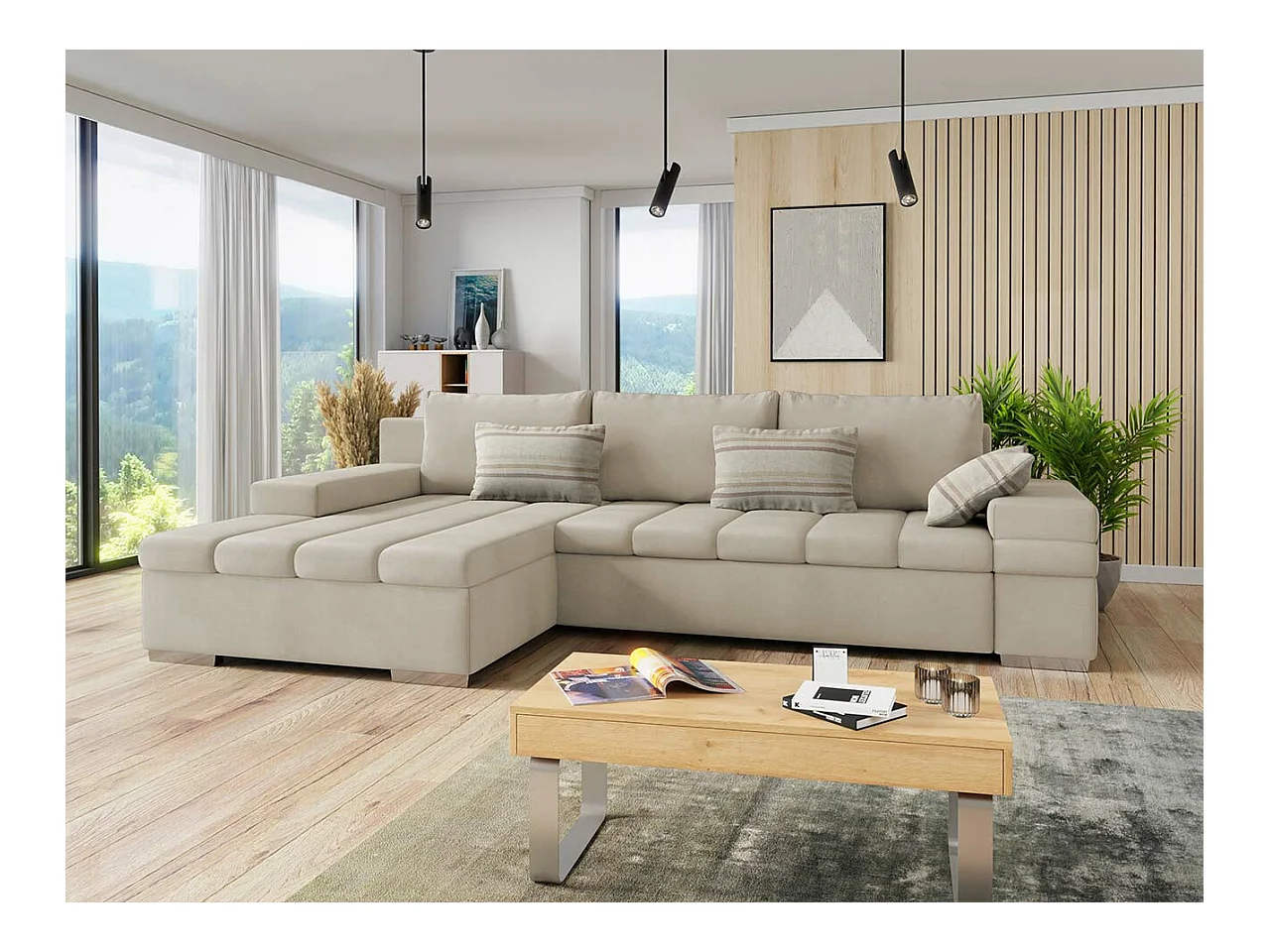 Canapé d'angle Comfivo 113, Brun clair, Fonction de couchage, Boîte de literie, 310x175cm