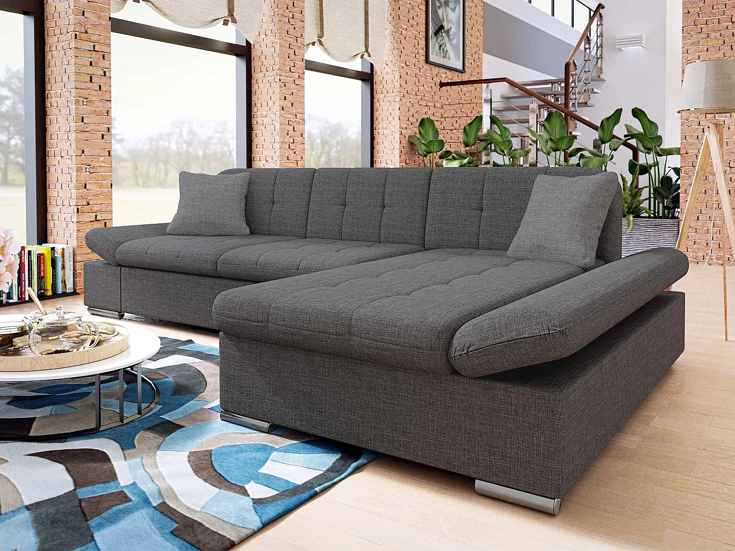 Canapé d'angle 3 places en tissu gris 278x161x76 cm