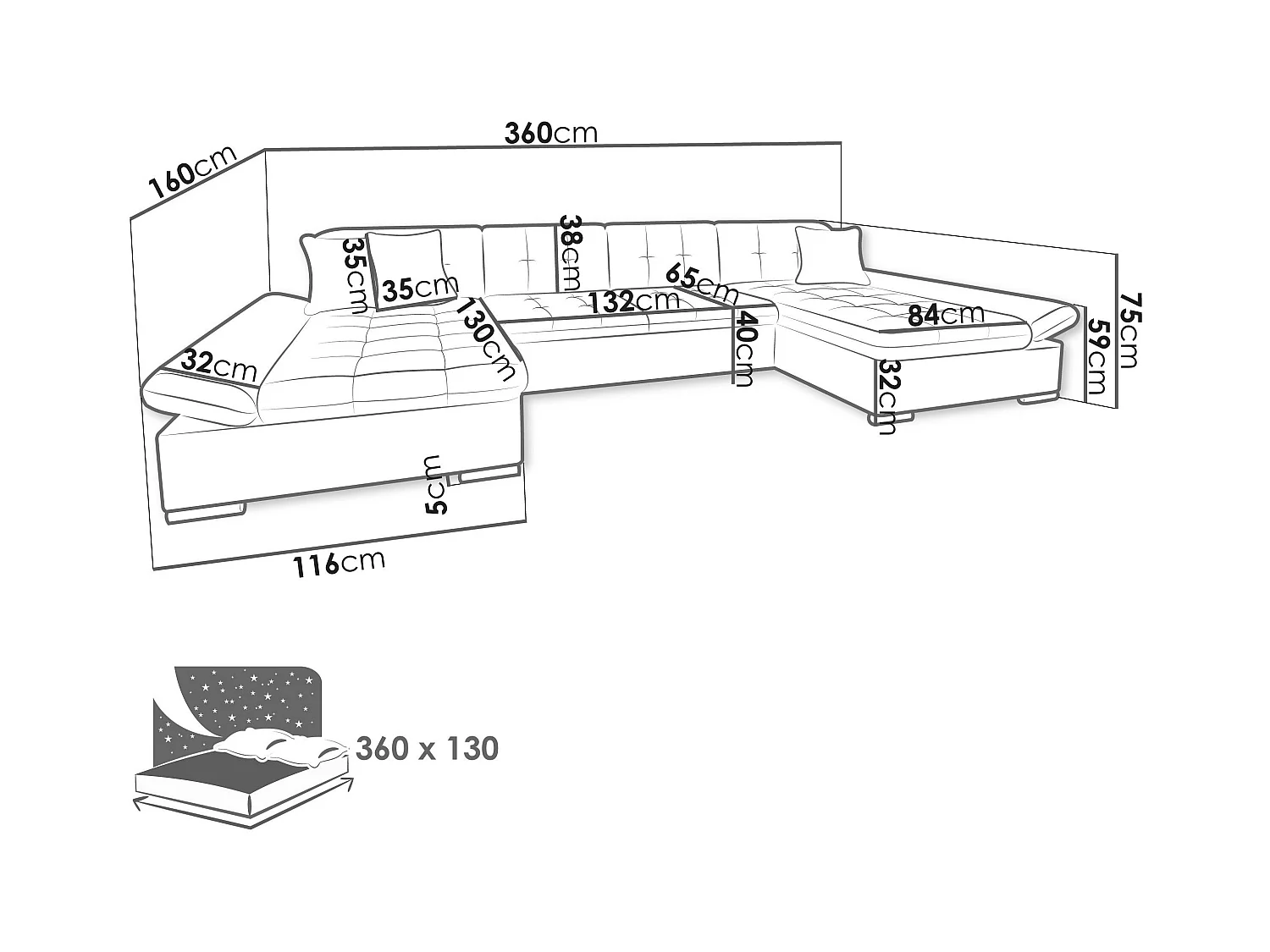 Sofá rinconero Comfivo 155, Verde, Función de descanso, Almacenaje, 360x160x75cm