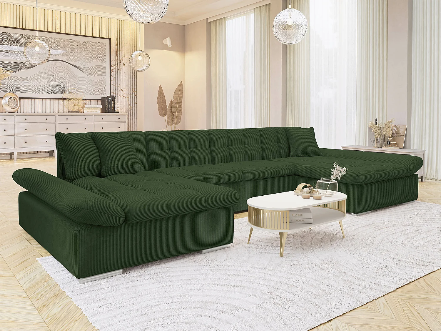 Sofá rinconero Comfivo Ficus, Verde, Función de descanso, Almacenaje, 360x160x75cm