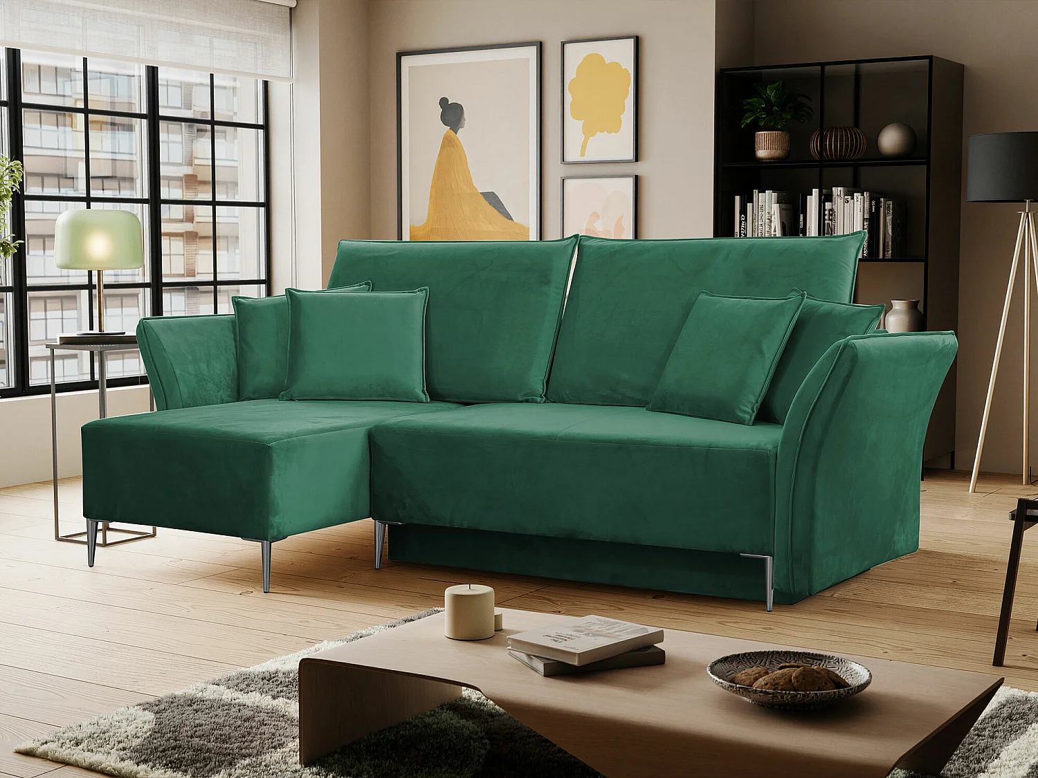 Canapé d'angle Providence 146, Vert, Fonction de couchage, Boîte de literie, 247x142x96cm