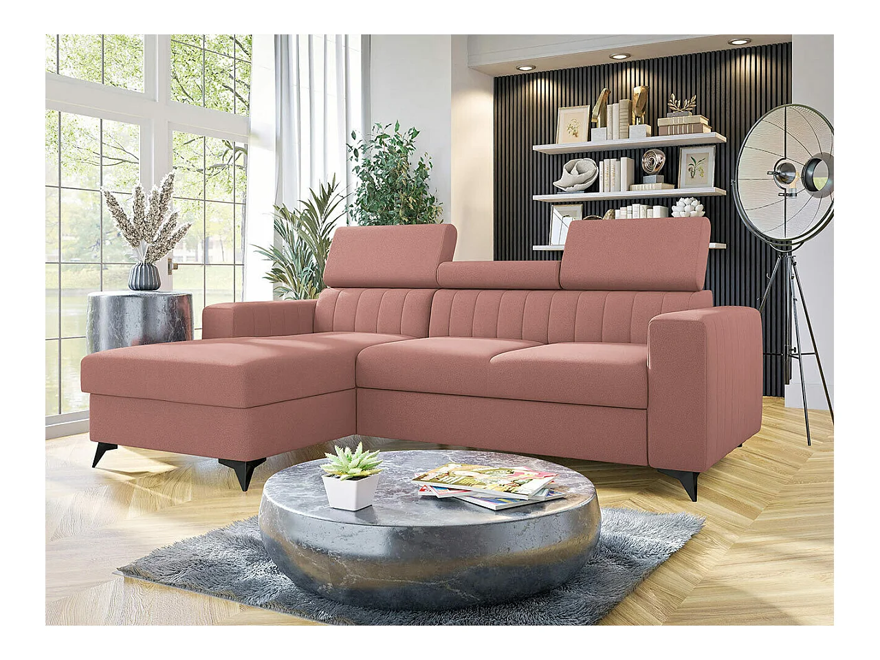 Canapé d'angle Columbus 170, Rose, Fonction de couchage, Boîte de literie, 236x172x82cm