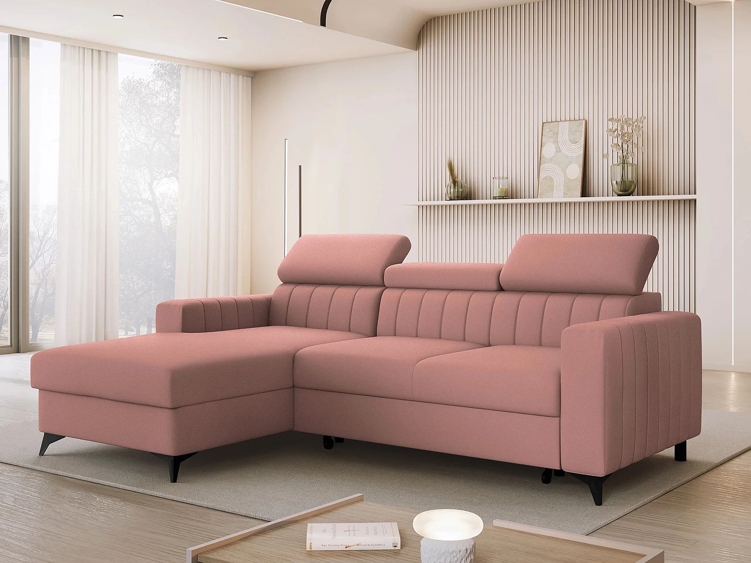 Sofá rinconero Columbus 170, Rosa, Función de descanso, Almacenaje, 236x172x82cm