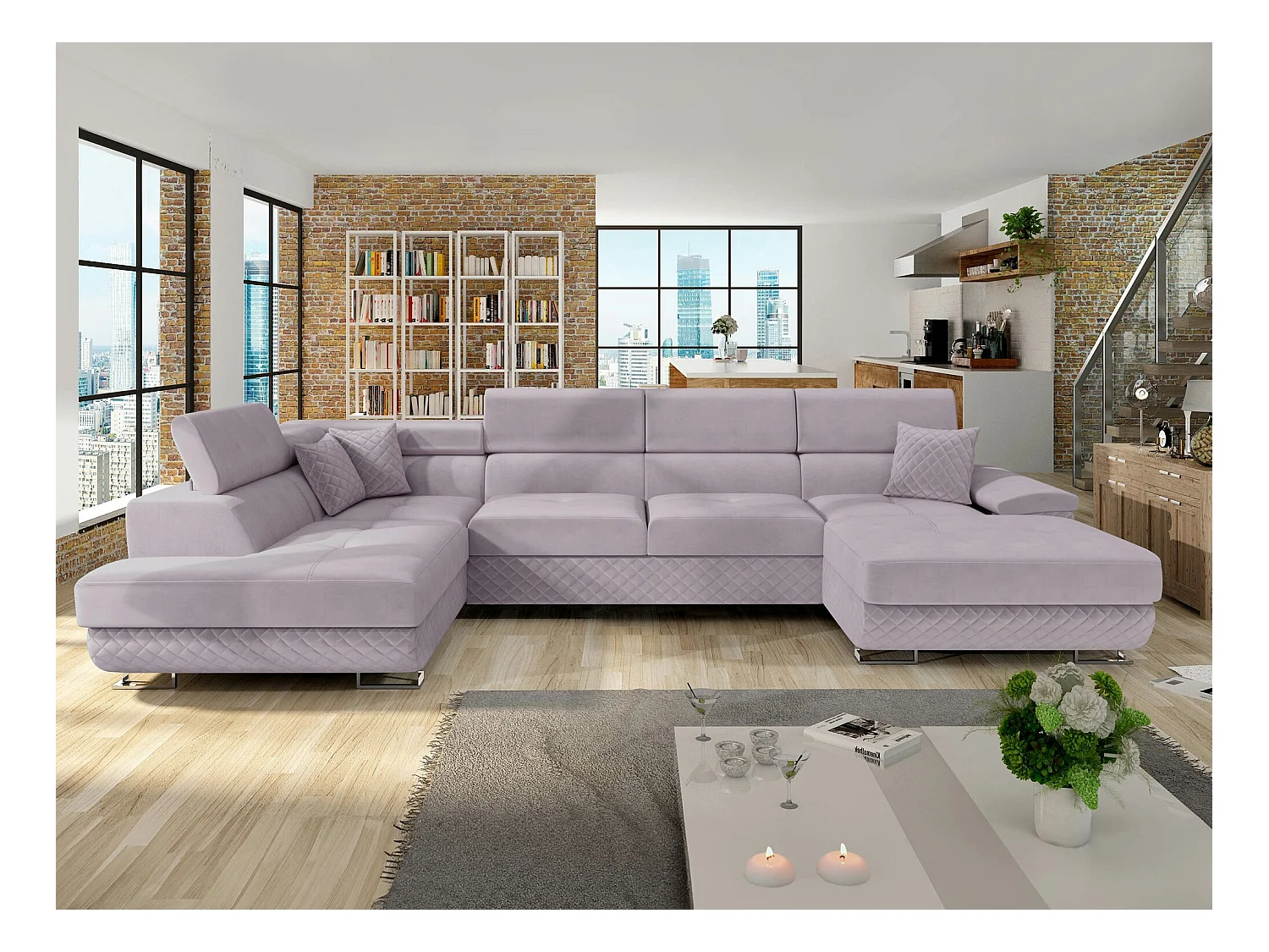 Canapé d'angle Comfivo 241, Pourpre, Fonction de couchage, Boîte de literie, 345x202x71cm