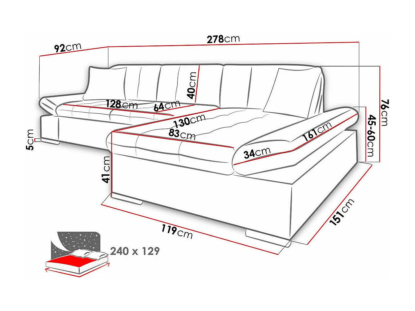 Sofá rinconero Comfivo 250, Azul, Función de descanso, Almacenaje, 278x161x76cm