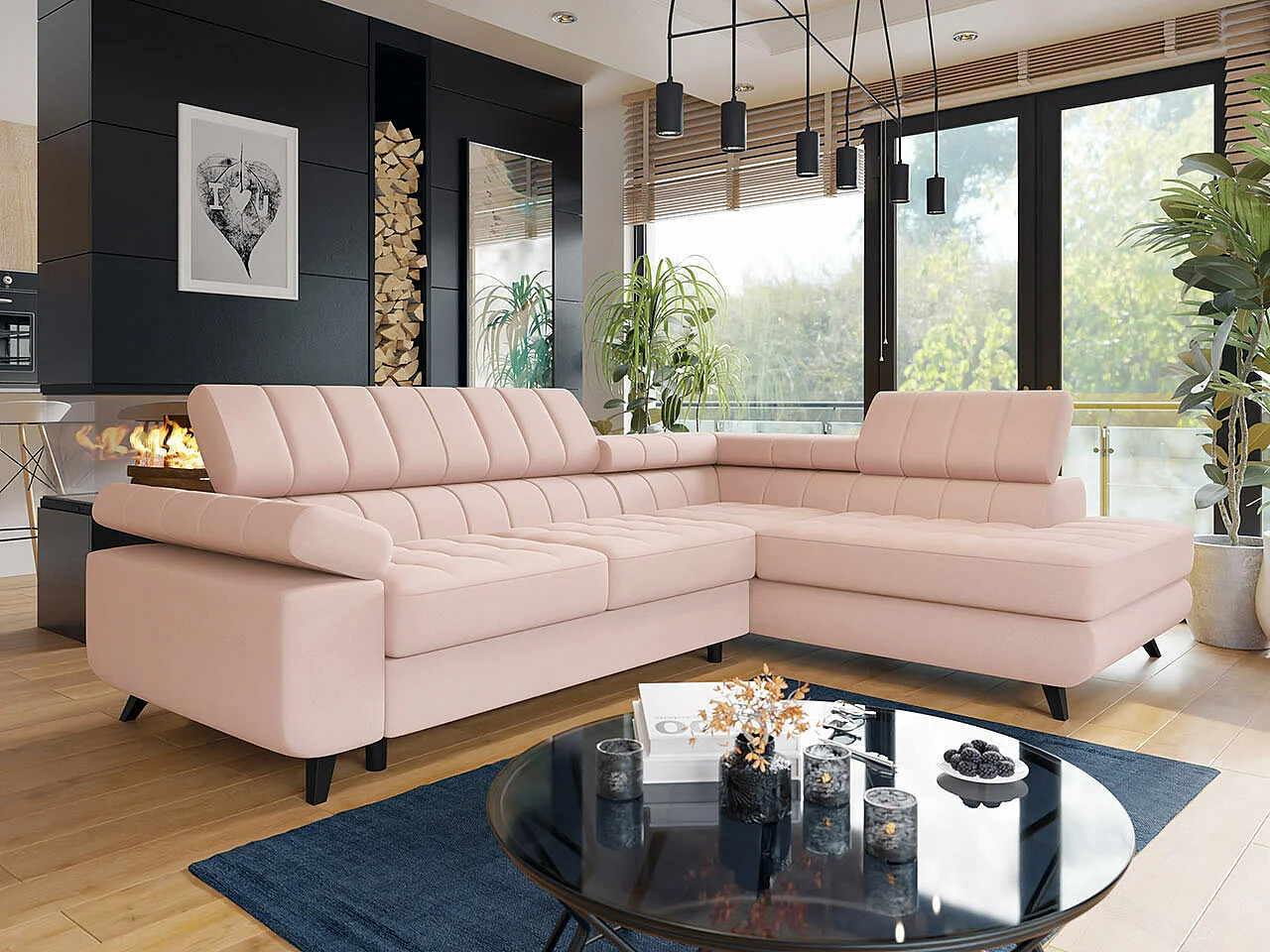 Canapé d'angle Comfivo 207, Rose, Fonction de couchage, Boîte de literie, 264x203x73cm