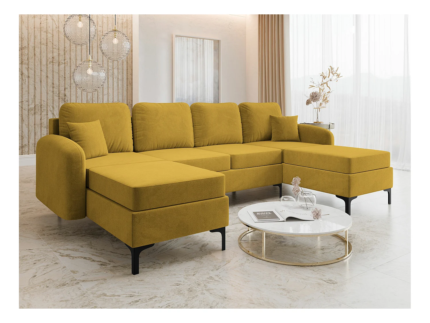 Sofá de canto Torlua 104, Amarelo, Funcionalidade de dormir