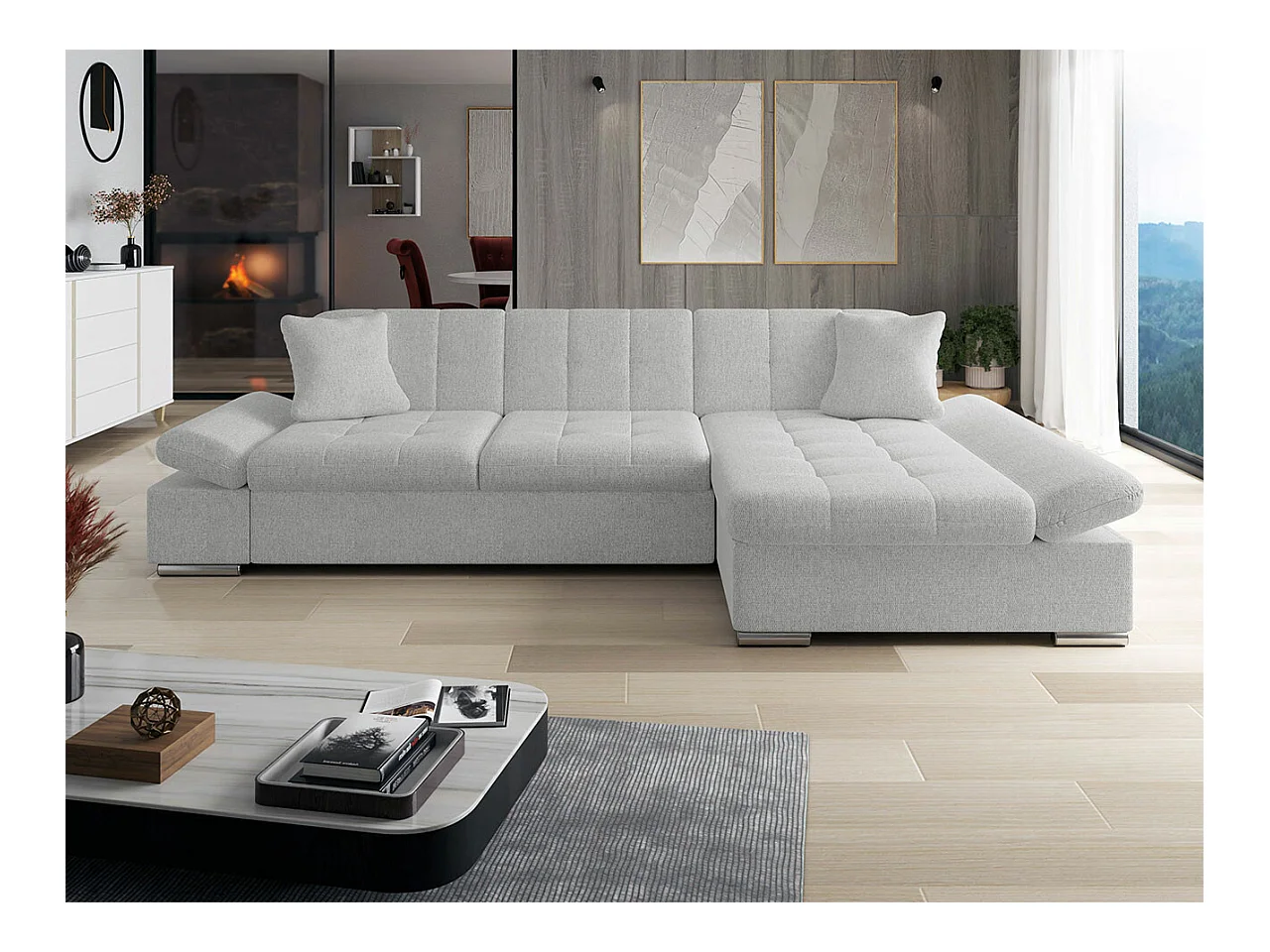 Canapé d'angle Comfivo 152, Gris, Fonction de couchage, Boîte de literie, 278x161x76cm