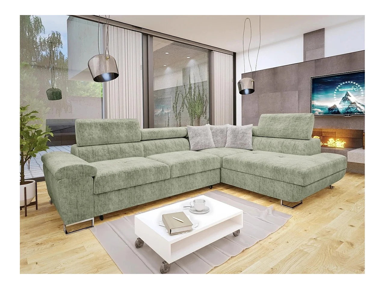 Sofá rinconero Comfivo 166, Verde, Función de descanso, Almacenaje, 270x202x71cm