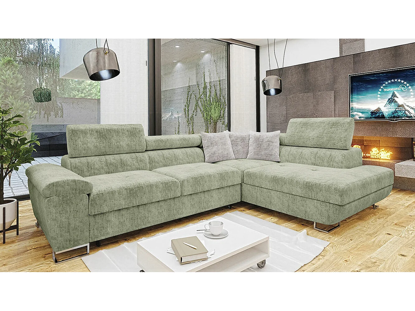 Sofá rinconero Comfivo 166, Verde, Función de descanso, Almacenaje, 270x202x71cm