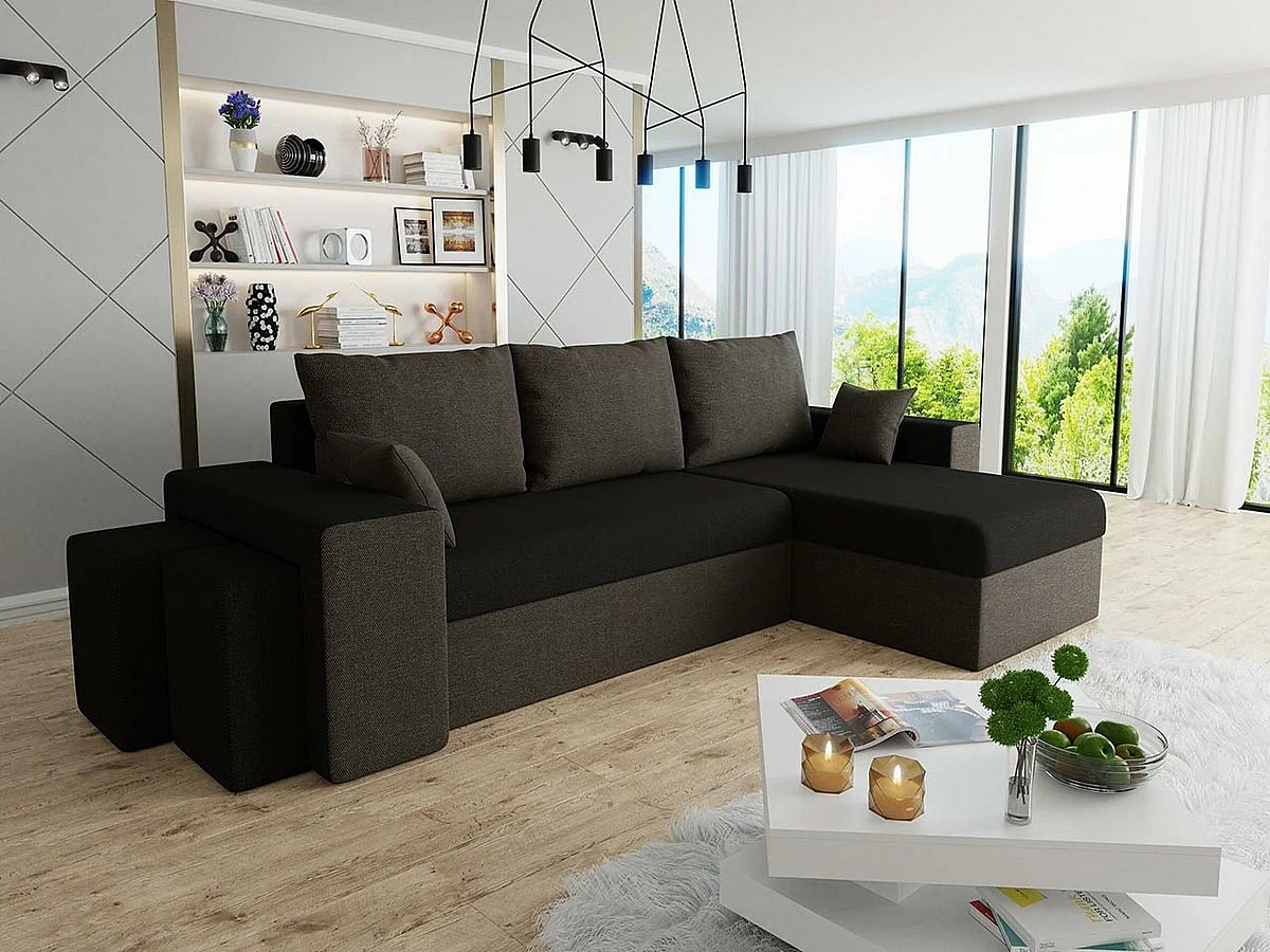 Canapé d'angle Memphis 129, Noir, Fonction de couchage, Boîte de literie, 256x139x80cm