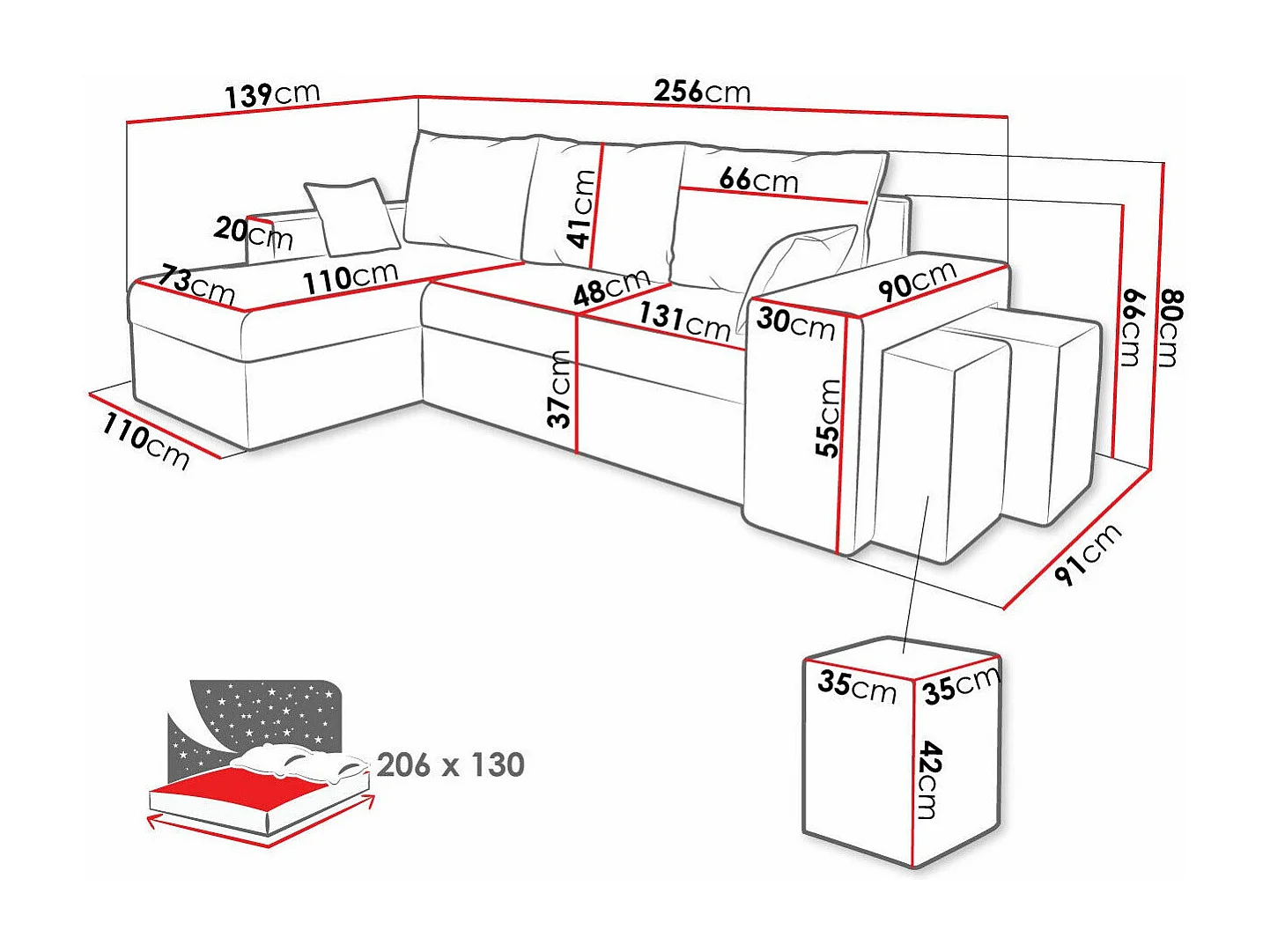 Canapé d'angle Memphis 129, Noir, Fonction de couchage, Boîte de literie, 256x139x80cm