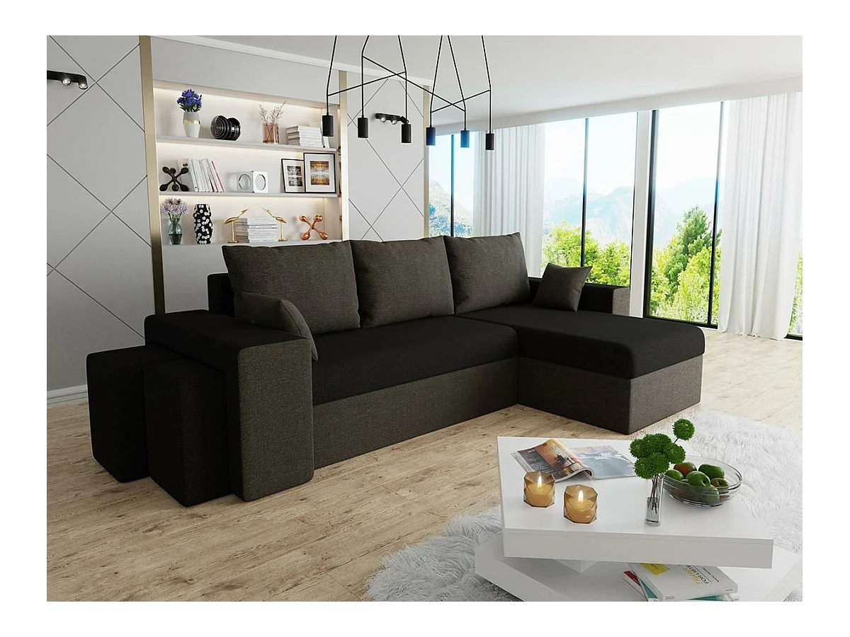 Canapé d'angle Memphis 129, Noir, Fonction de couchage, Boîte de literie, 256x139x80cm