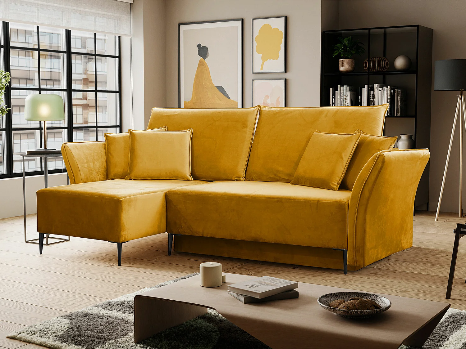 Canapé d'angle Providence 146, Jaune, Fonction de couchage, Boîte de literie, 247x142cm