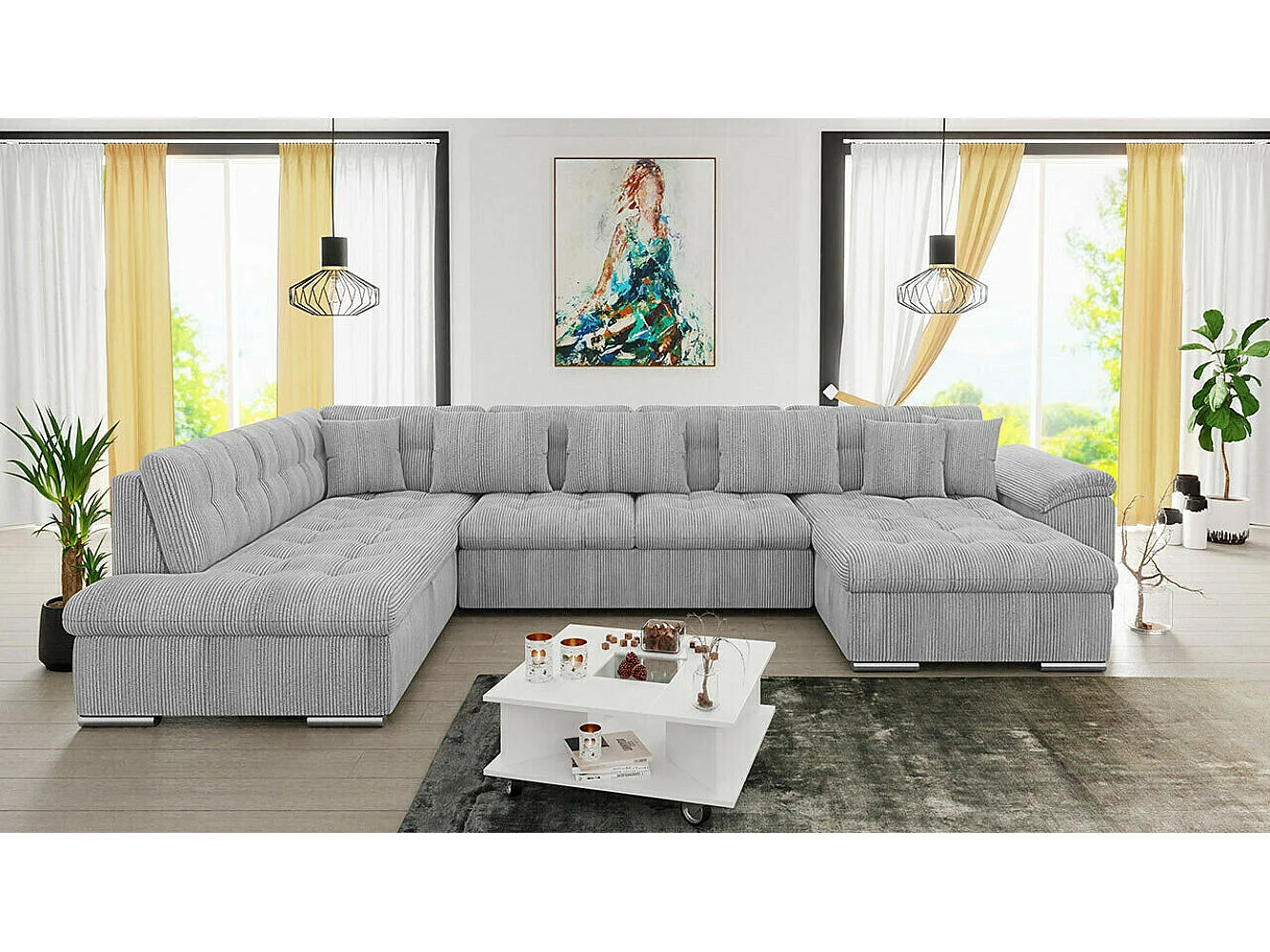 Sofá rinconero Comfivo 128, Gris, Función de descanso, 348x205x76cm