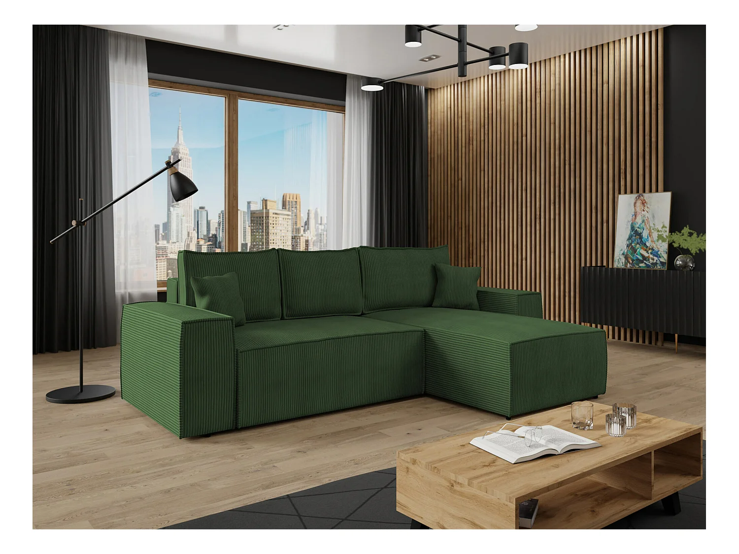 Canapé d'angle Clovis 108, Vert, Fonction de couchage, Boîte de literie, 279x174x94cm