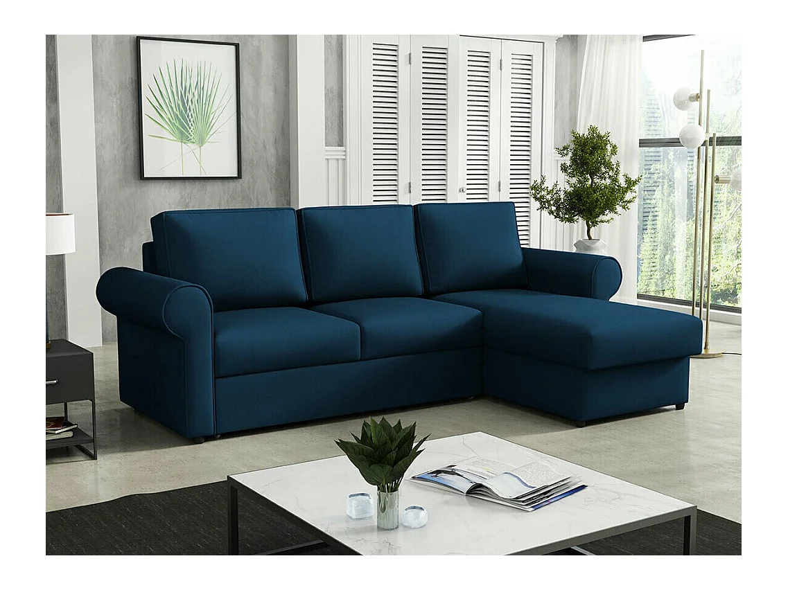 Canapé d'angle Columbus 131, Bleu, Fonction de couchage, Boîte de literie, 246x155x90cm
