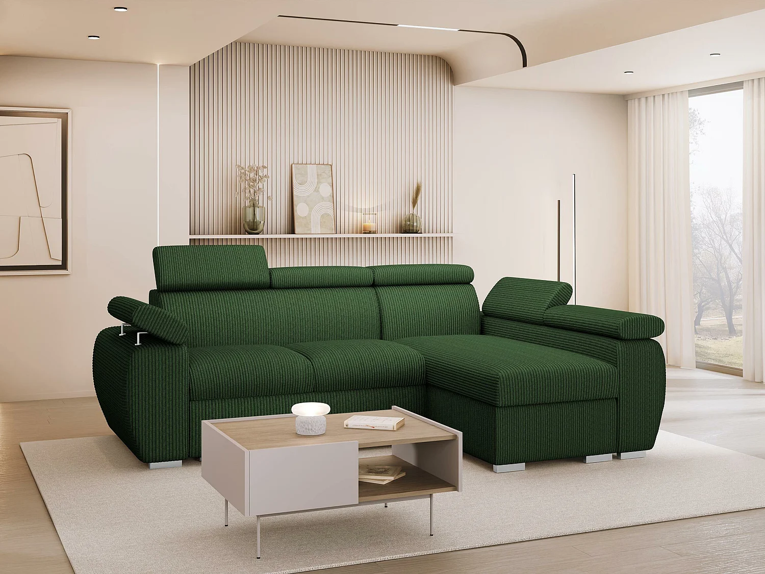 Sofá rinconero Columbus 192, Verde, Función de descanso, Almacenaje, 255x170x85cm