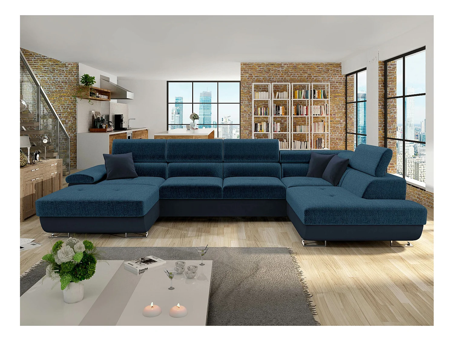 Canapé d'angle Comfivo 241, Bleu, Fonction de couchage, Boîte de literie, 345x202x71cm