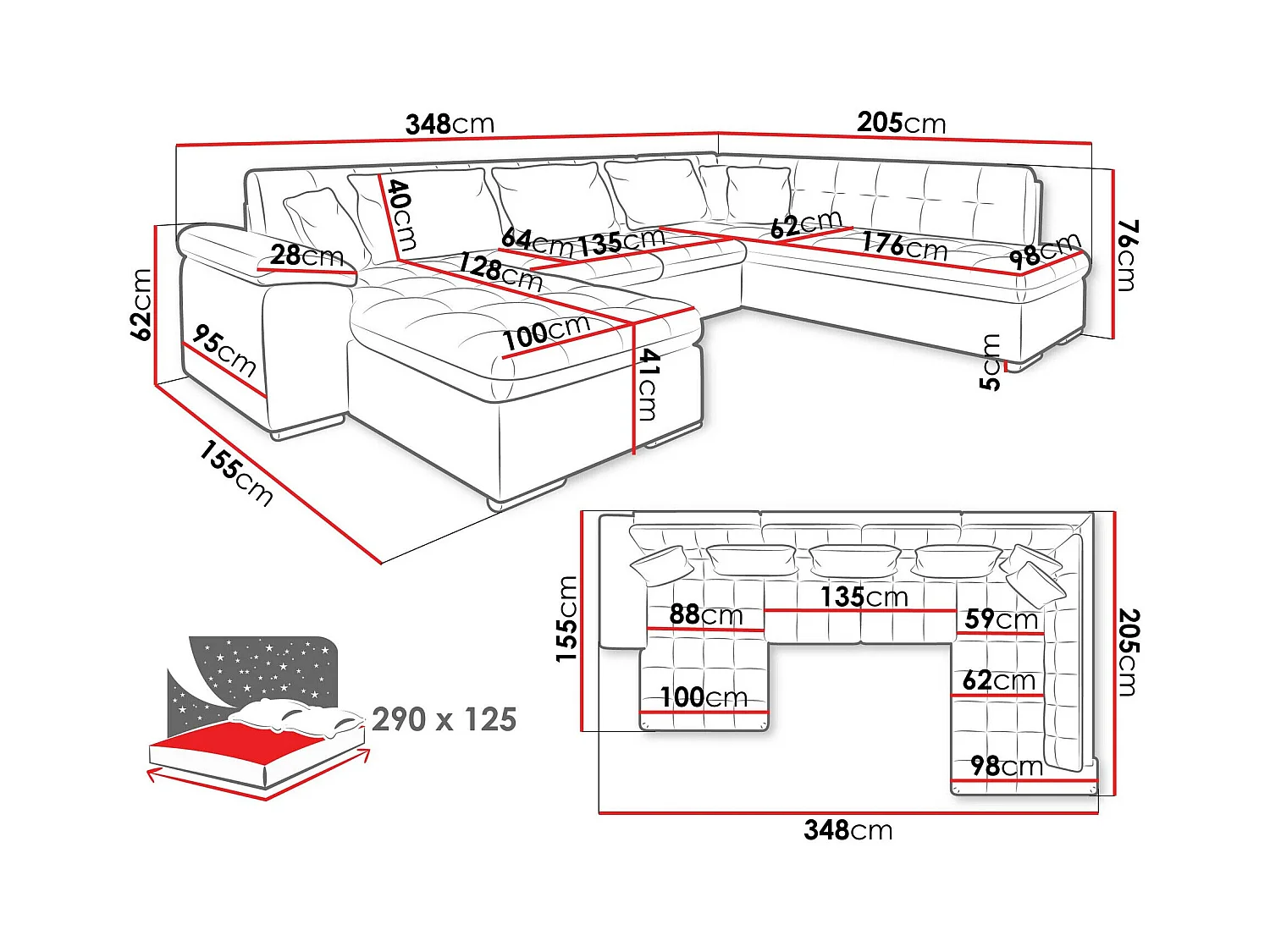 Sofá rinconero Comfivo 170, De color marrón claro, Función de descanso, Almacenaje, 348cm