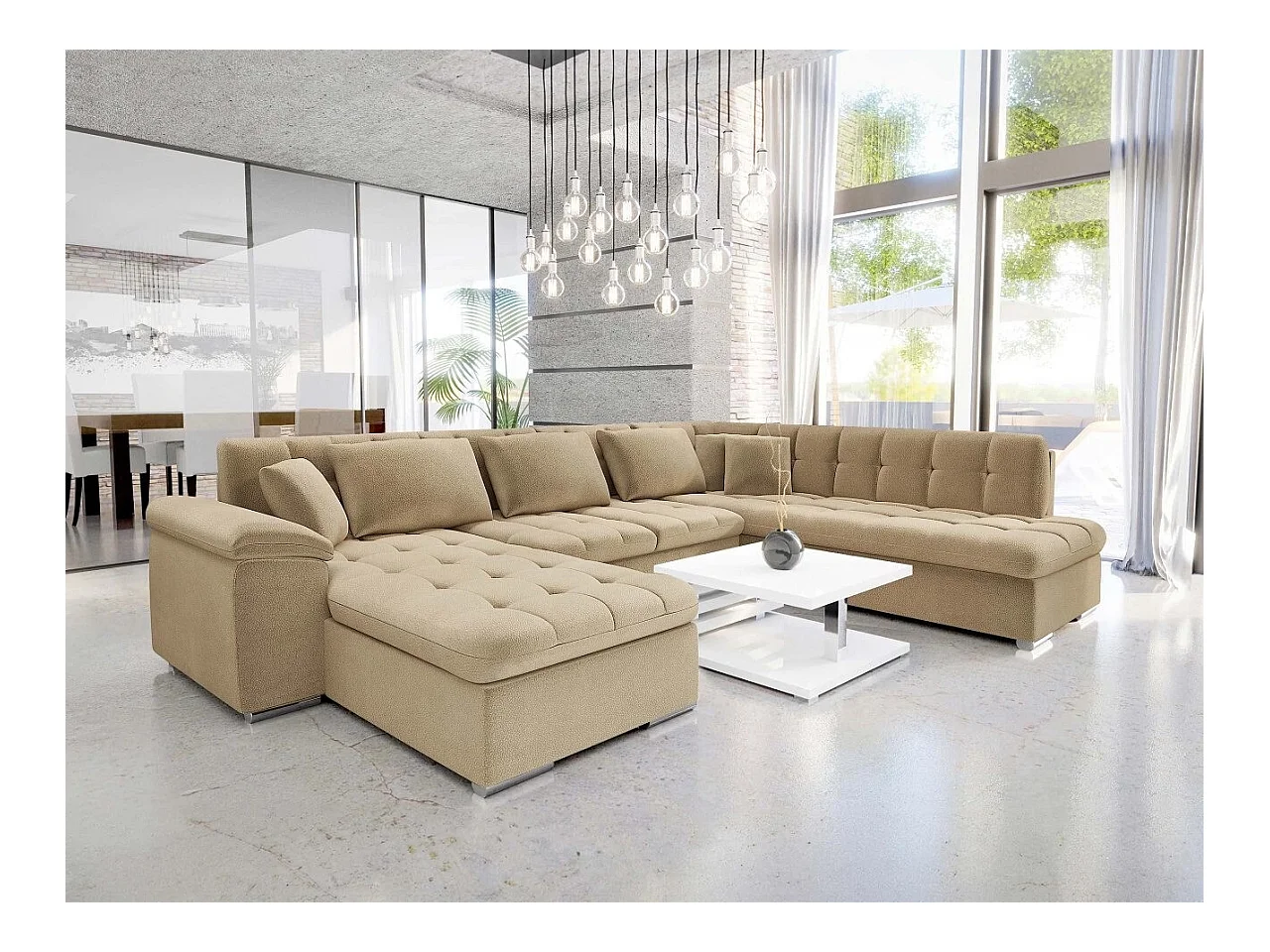 Canapé d'angle Comfivo 170, Brun clair, Fonction de couchage, Boîte de literie, 348x205cm