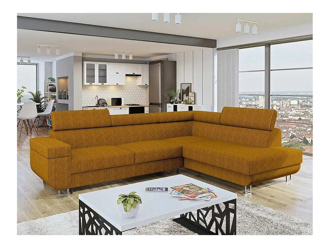 Canapé d'angle Comfivo 306, Jaune, Fonction de couchage, Boîte de literie, 253x188x71cm