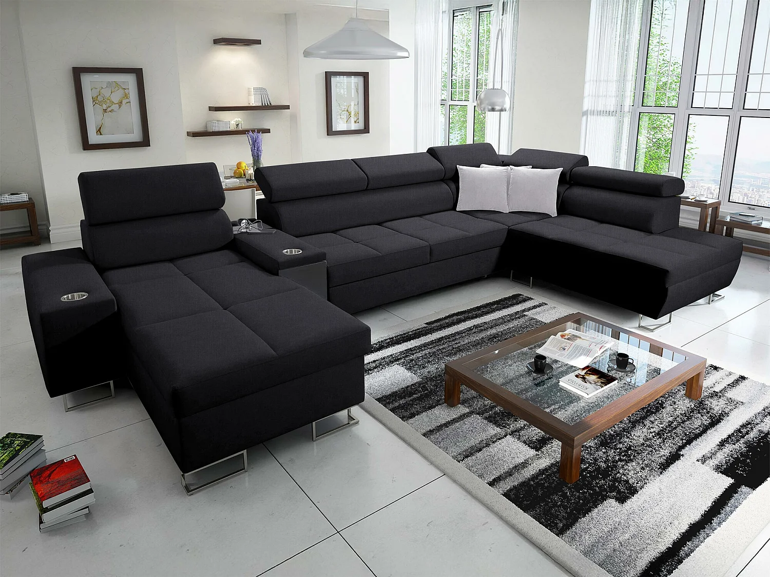 Canapé d'angle Pearland 113, Noir, Fonction de couchage, Boîte de literie, 371x221x84cm